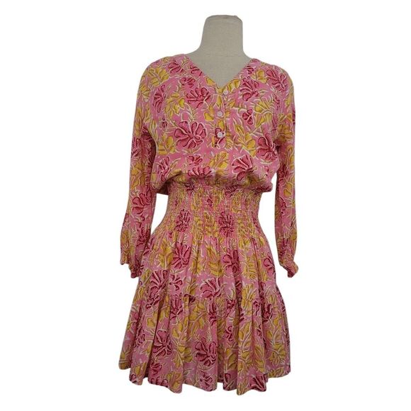 Madison Mathews Floral Mini Dress Womens Small Pink Smocked Feminine Coquette - Picture 1 of 8